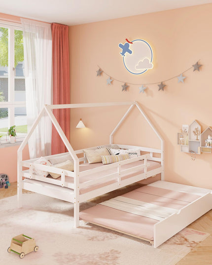 Giantex Twin House Bed with Trundle, Wood Kids Bed Frame with Roof & Fence Rails