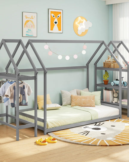 Giantex Twin Floor Bed, Wood Montessori Floor Bed with Detachable 3 Tier Storage Bookshelf & Clothes Rack