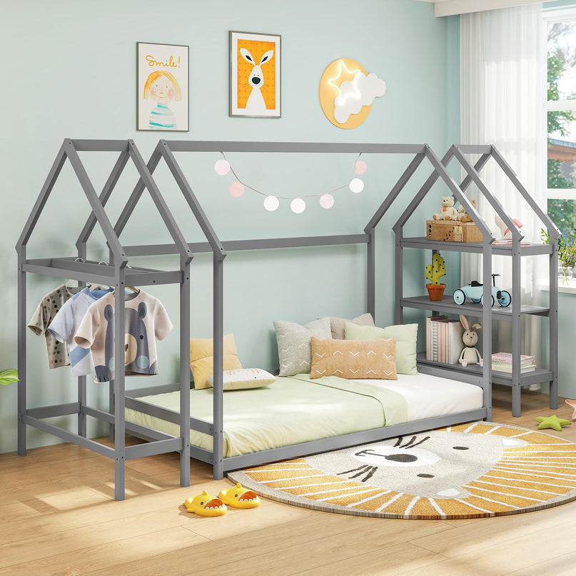 Giantex Twin Floor Bed, Wood Montessori Floor Bed with Detachable 3 Tier Storage Bookshelf & Clothes Rack