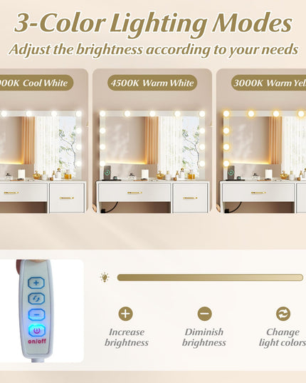 CHARMAID White Vanity Desk with Mirror and Lights | Modern Bedroom Dressing Table