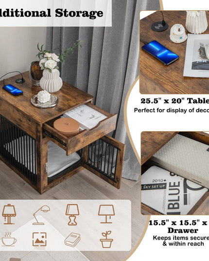 Giantex Dog Crate Furniture, Dog Kennel End Table with Chew-Proof Metal Fence, Lockable Door