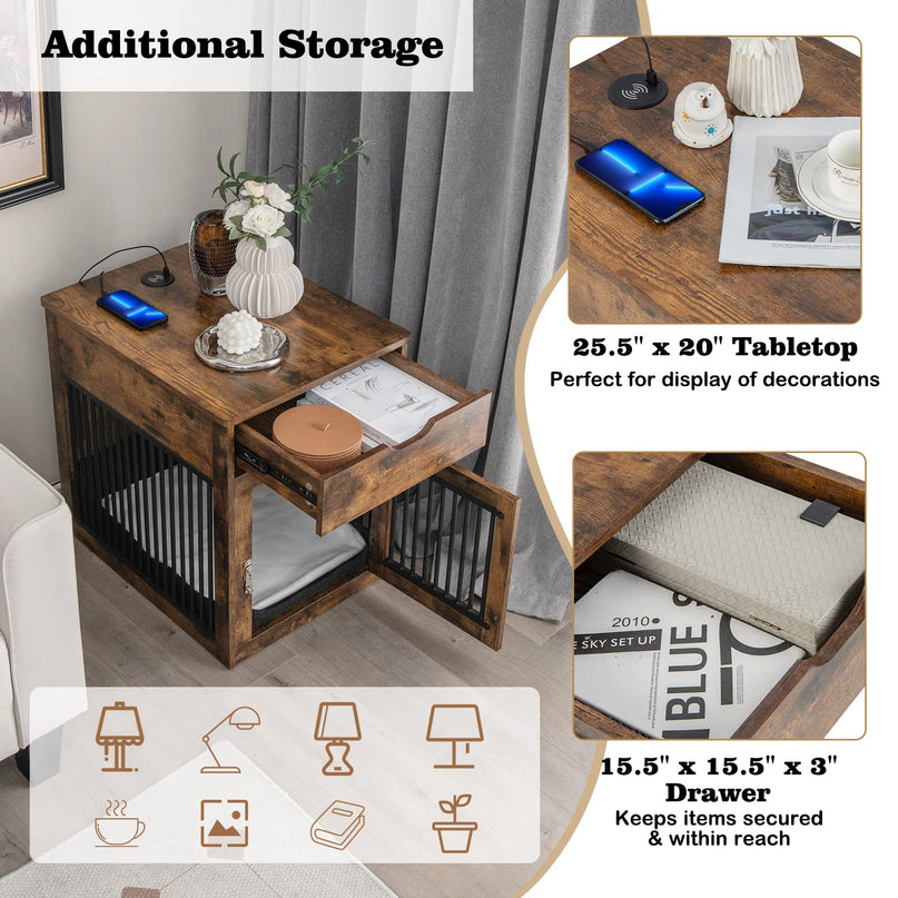 Giantex Dog Crate Furniture, Dog Kennel End Table with Chew-Proof Metal Fence, Lockable Door