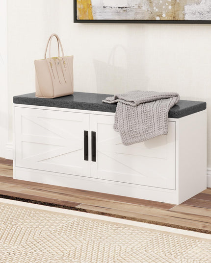 Giantex Shoe Storage Bench with Cushion, 2-Tier Entryway Bench w/2 Barn Doors & 2 Adjustable Shelves