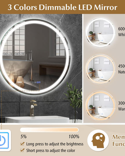 LED Bathroom Mirror - Lighted Vanity Mirror Wall Mounted, Front and Backlight, 3 Lighting Colors