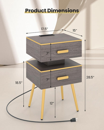 Giantex Nightstand with Charging Station & LED Lights, 28.5" Bedside Table with 2 Drawers