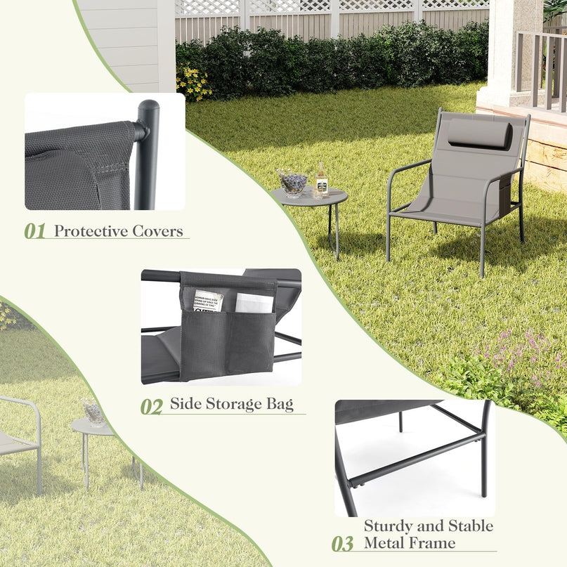 Giantex 3 Piece Patio Bistro Set, Outdoor Metal Chairs Set of 2 with Coffee Table, Breathable Fabric Seats