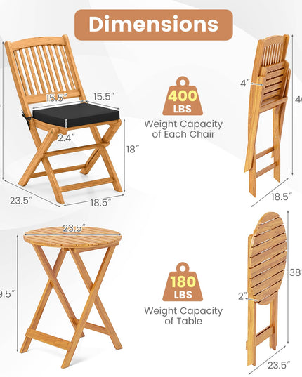 GIANTEX 3 Pieces Acacia Wood Bistro Set Outdoor Folding Table & Chairs