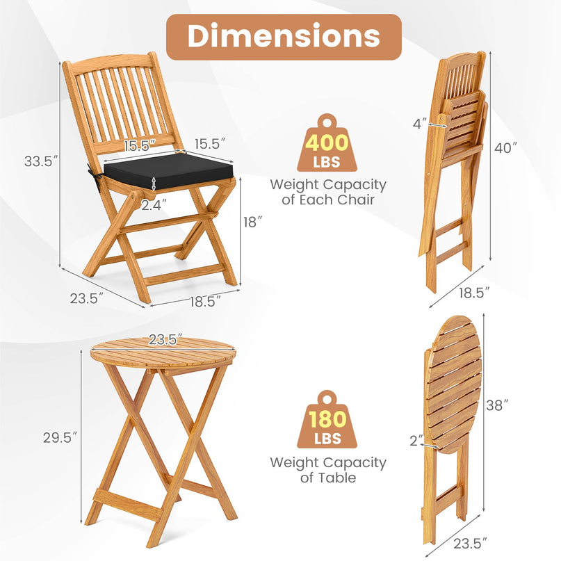 GIANTEX 3 Pieces Acacia Wood Bistro Set Outdoor Folding Table & Chairs