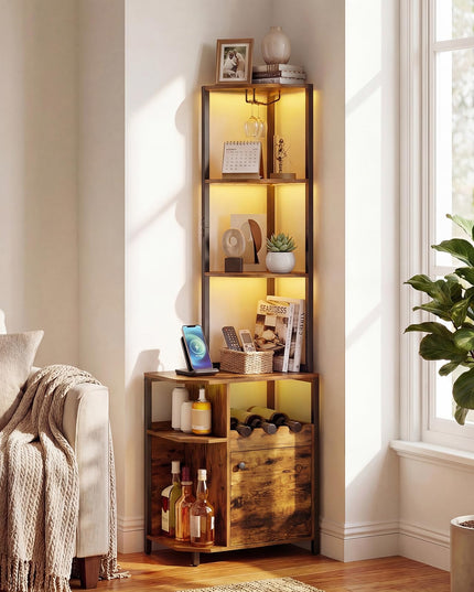 Giantex Corner Bar Cabinet w/Power Outlets | 6-Tier Industrial Wine Cabinet w/LED Light Strip