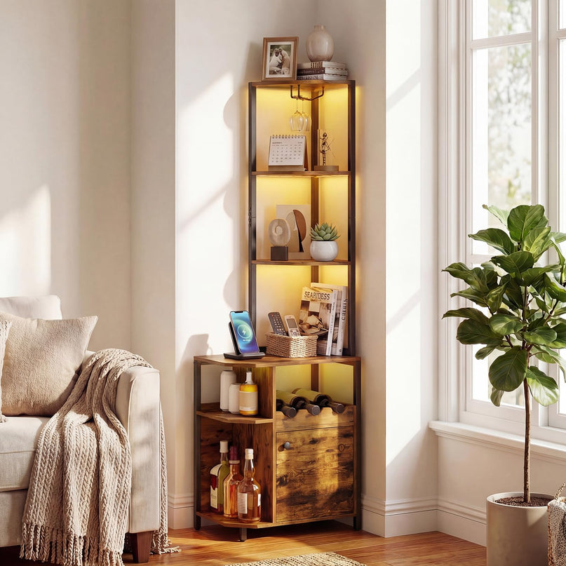 Meuble d'angle de bar Giantex avec prises électriques | Armoire à vin industrielle à 6 niveaux avec bandeau lumineux LED