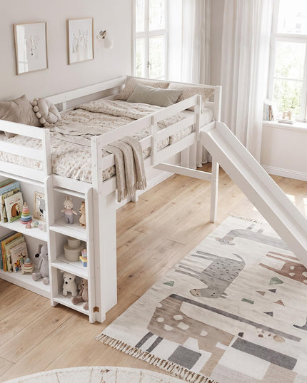 GIANTEX Twin Size Loft Bed with Slide Ladder Storage Shelves for Kids