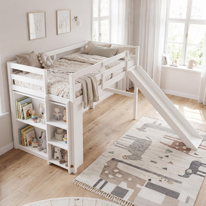 GIANTEX Twin Size Loft Bed with Slide Ladder Storage Shelves for Kids