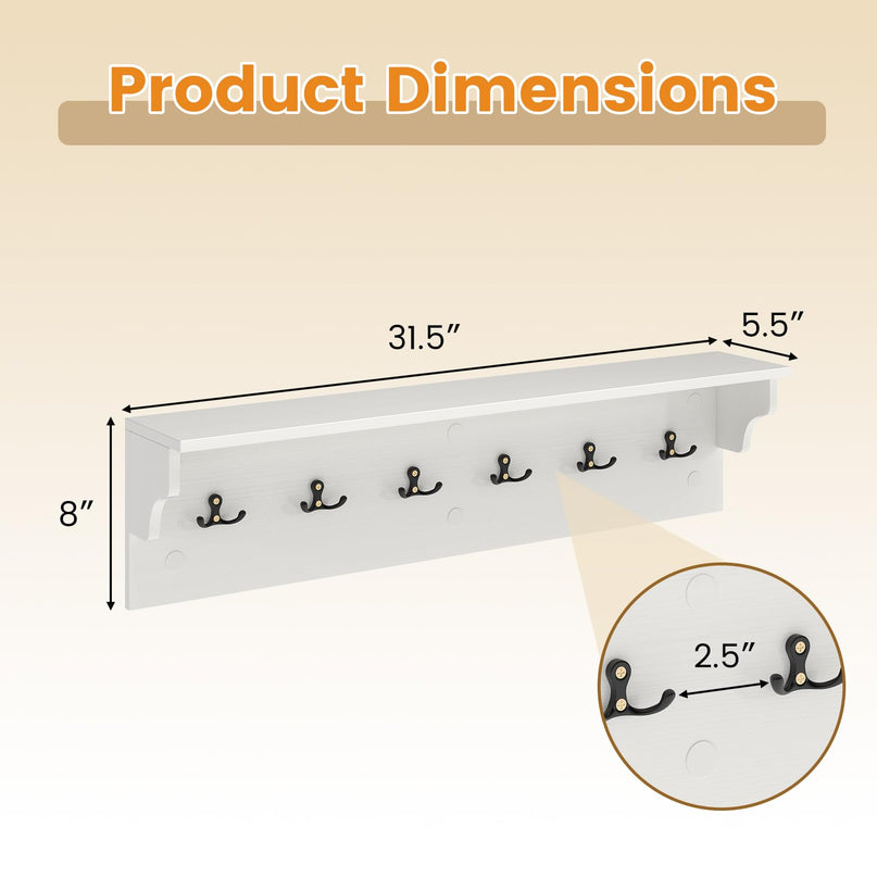 Giantex Wall Hooks with Shelf 31.5inch Wooden Coat Rack with 6 Hooks for Hats Towels Purses Robes