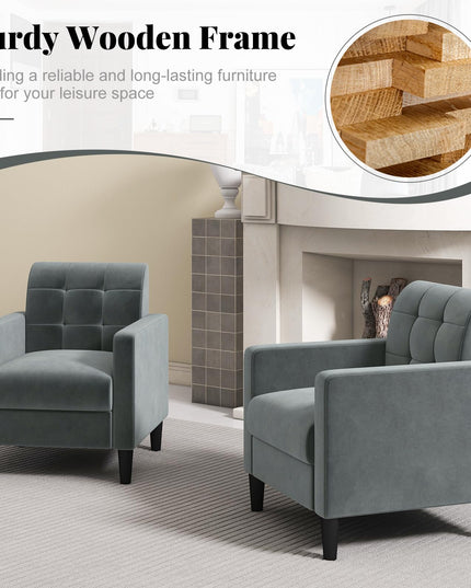 Giantex Modern Velvet Accent Chair Set, Upholstered Comfy Armchair with Tufted Back, Arms, Mid Century Single Sofa Side Chair