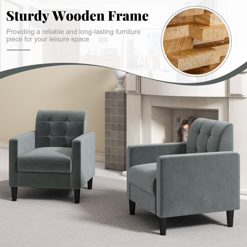 Giantex Modern Velvet Accent Chair Set, Upholstered Comfy Armchair with Tufted Back, Arms, Mid Century Single Sofa Side Chair