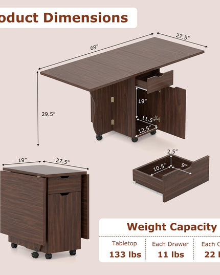 Table à manger pliable Giantex 3-en-1 avec 2 tiroirs et 2 placards