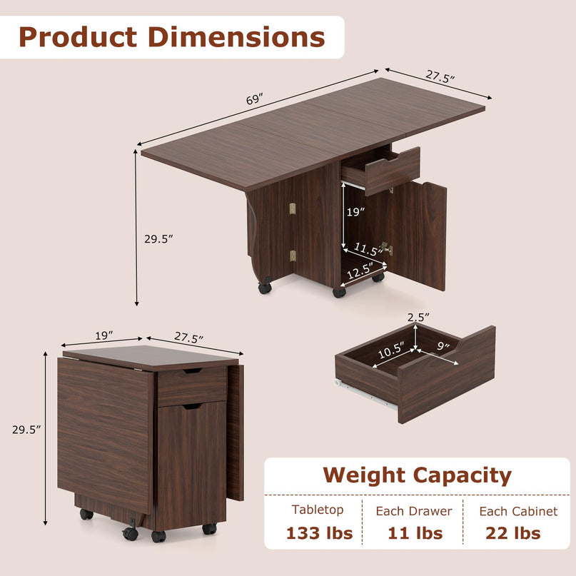 Table à manger pliable Giantex 3-en-1 avec 2 tiroirs et 2 placards