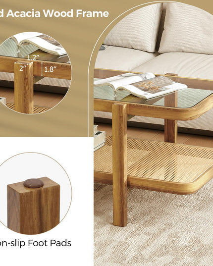Giantex Rattan Coffee Table, 47.5" Rectangle Solid Wood Tea Table w/Tempered Glass Tabletop