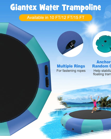 Giantex 10Ft 12Ft 15Ft Inflatable Water Trampoline, Floating Rebounder Trampoline with 500W Blower and 3-Step Rope Ladder