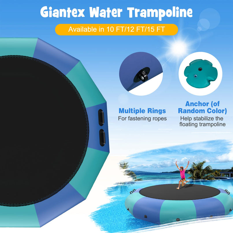 Giantex 10Ft 12Ft 15Ft Inflatable Water Trampoline, Floating Rebounder Trampoline with 500W Blower and 3-Step Rope Ladder