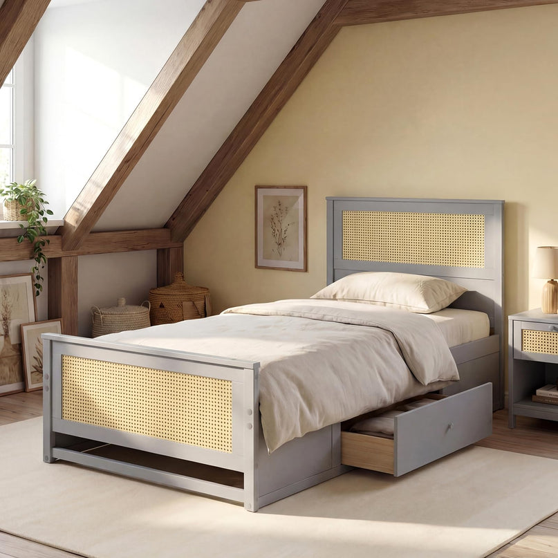 Cadre de lit double/complet en rotin Giantex avec 2 tiroirs de rangement, tête de lit et pied de lit