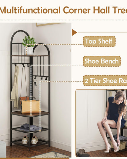 Giantex Corner Hall Tree, 71" Corner Coat Rack w/Shoe Storage Bench, 6 Removable Hooks, 4-Tier Entryway Shoes Shelf Organizer