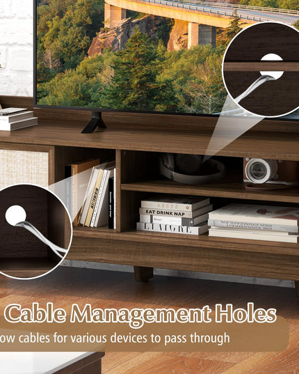 Giantex TV Stand for 65” TV, Entertainment Center with Woven Doors, Sliding Door, Adjustable Shelf & Compartment