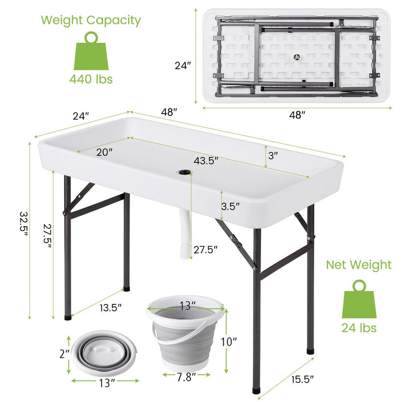 Giantex 4 FT Folding Ice Cooler Table with Drain & Bucket Removable Skirt