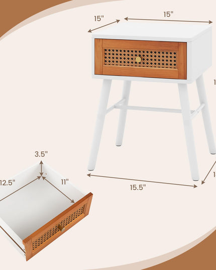 Giantex Rattan Nightstand, Mid Century Modern End Table with Handwoven Rattan Decorated Drawer