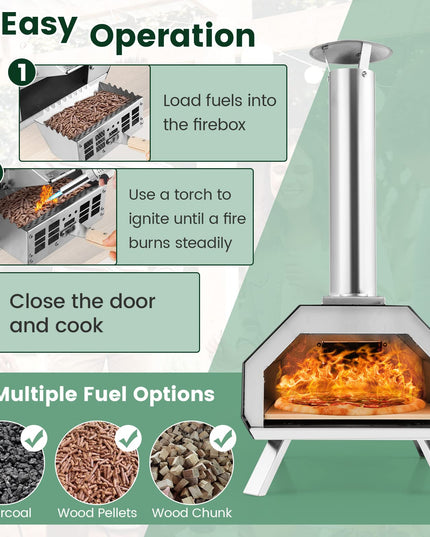 Giantex Outdoor Pizza Oven, Wood Pellet Fired Pizza Grill with 12'' Pizza Stone, Pizza Peel, (Black & Silver)