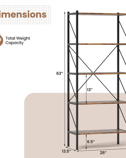 Giantex 5-Tier Bookshelf, Industrial Tall Bookcase with Open Storage Shelves & Heavy Duty Metal Frame