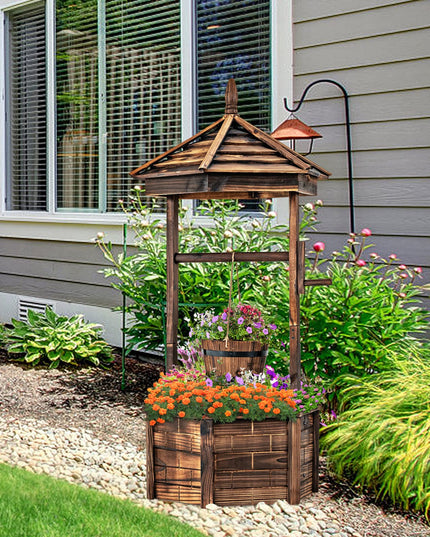 Giantex Rustic Wooden Wishing Well Planter with Hanging Bucket, Roof Shadow