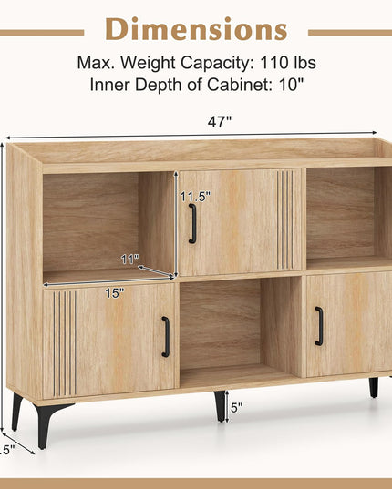Giantex Storage Cabinet, Sideboard with 3 Doors, 3 Open Compartments, Bookcase with 5 Raised Metal Legs