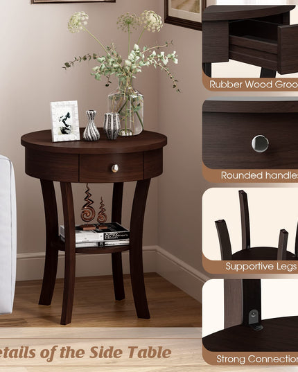 Giantex Round End Table with Drawer, 2-Tier Wood Side Table w/Open Shelf