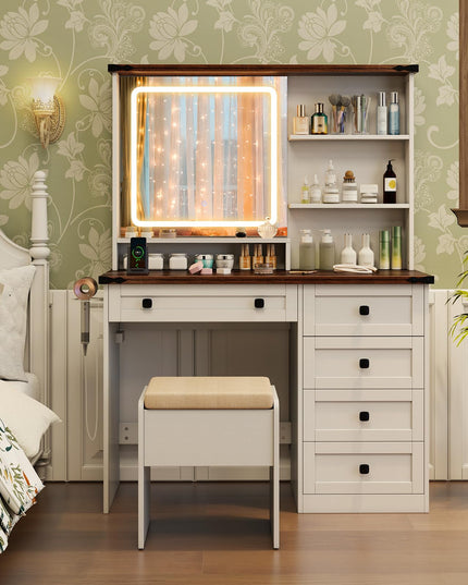 CHARMAID Vanity Desk with Mirror and Lights, Farmhouse Makeup Vanity Desk with 5 Drawers, 3 Shelves