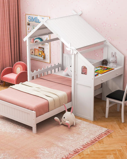 Giantex Twin House Bed with Desk & Chair, Wood Kids Playhouse Bed with 2 Drawers