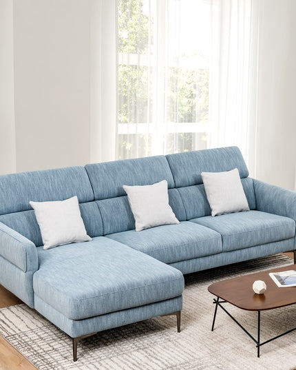 Giantex L-Shaped Sofa Couch, 3-Seat Upholstered Sofa with Wide Chaise Lounge, Adjustable Headrest, Blue