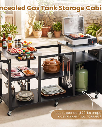 GIANTEX Large Outdoor Grill Cart with Cabinet & Dual Stainless Steel Tops