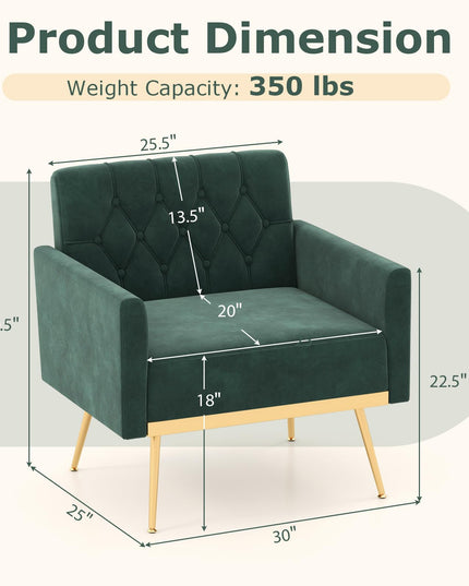 Giantex Modern Velvet Accent Chair Set of 1/2, Mid-Century Upholstered Single Sofa Chair w/Button Tufted Back
