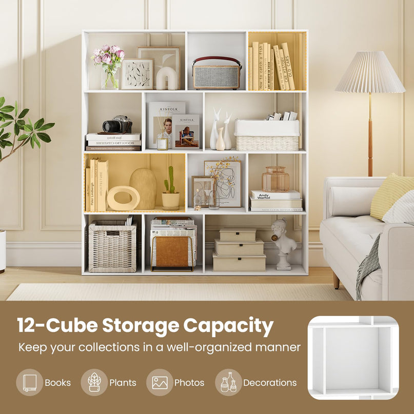 Giantex 4-Tier Modern Bookshelf with 12 Storage Compartments & 2 Anti-Tip Kits