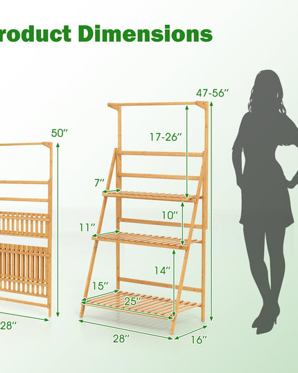 Giantex Plant Stand Indoor Outdoor - Bamboo 3-Tier Hanging Tall Ladder Flower Pot