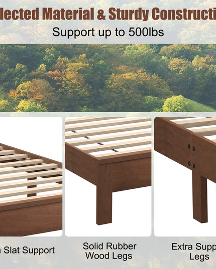 Platform Bed w/ Rubber Wood Legs & Integrated Headboard | Wooden Bed Frame