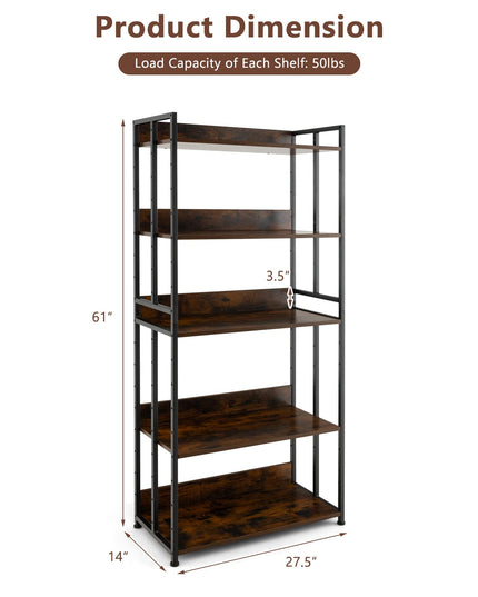 Giantex 5-Tier Industrial Bookshelf Rustic Brown - Metal Frame 61" Tall
