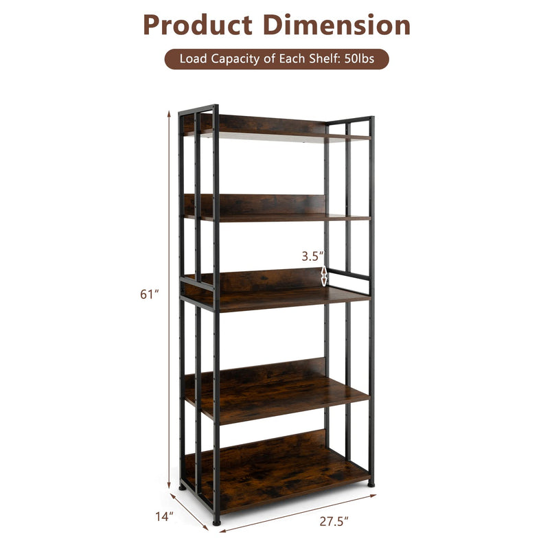 Giantex 5-Tier Industrial Bookshelf Rustic Brown - Metal Frame 61" Tall