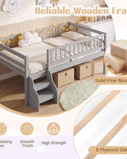 Giantex Low Profile Twin Size Platform Bed Frame with Stairs & Safety Guardrails