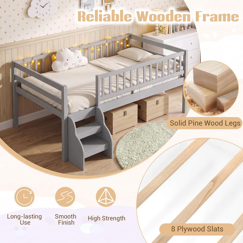 Giantex Low Profile Twin Size Platform Bed Frame with Stairs & Safety Guardrails