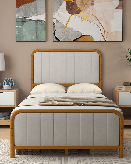 Giantex Twin Size Gold Bed Frame with Velvet Headboard and Footboard, Heavy-duty Metal Slats Support Mattress Foundation