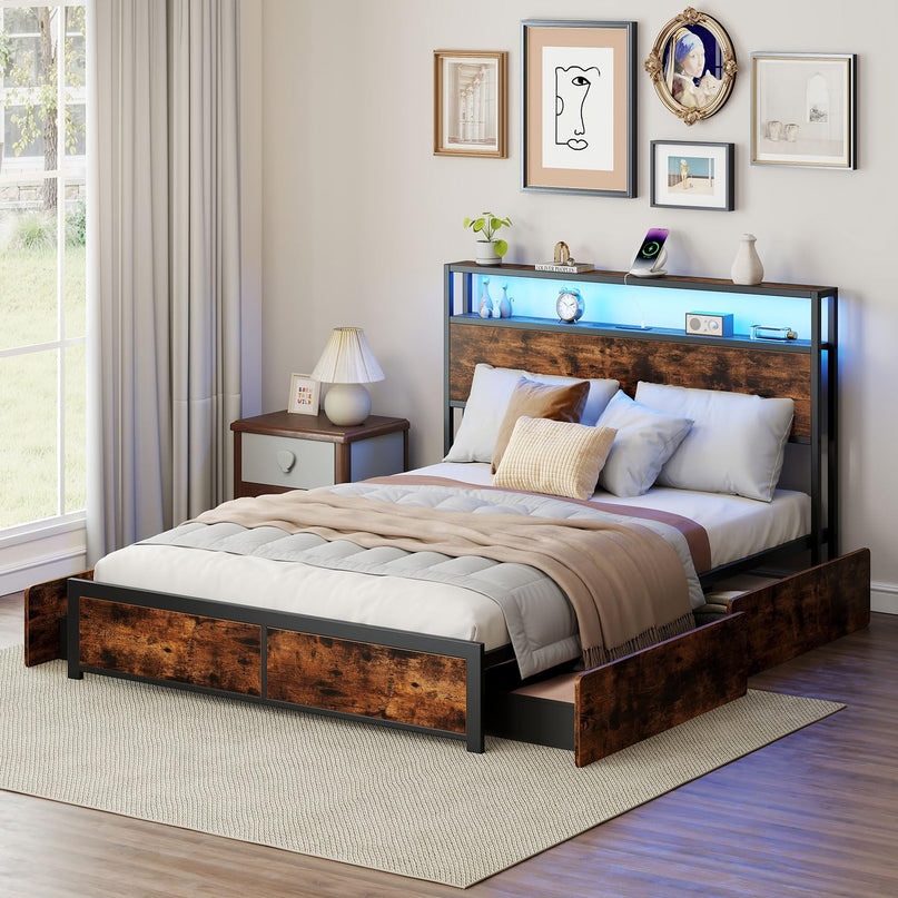 Giantex  LED Bed Frame with Charging Station & 4 Storage Drawers
