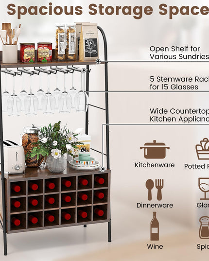 Giantex 18-Bottle Wine Rack Freestanding Floor, Kitchen Baker’s Rack w/ 15 Glasses Holder, Rustic Brown