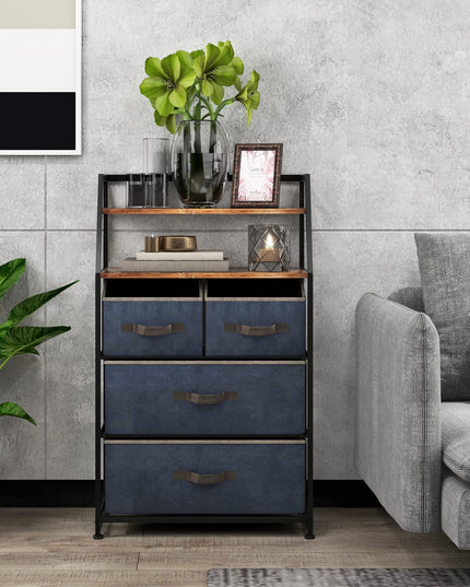 Giantex 4-Drawer Storage Dresser for Bedroom - Tall Storage Tower Unit with 2-Tier Shelf & Fabric Bins